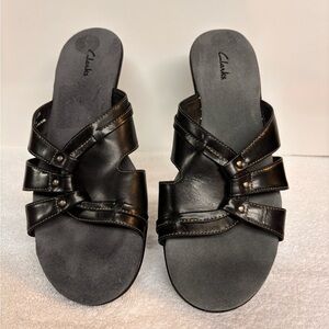 Clarks Black Leather Slide Sandals